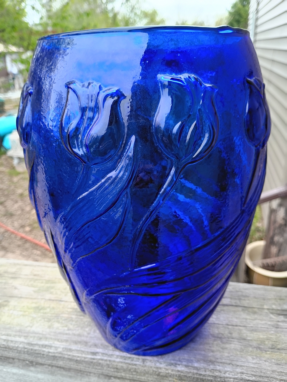 Vintage Italian Cobalt Blue Glass Bowl Vase Embossed Tulips Large 10"